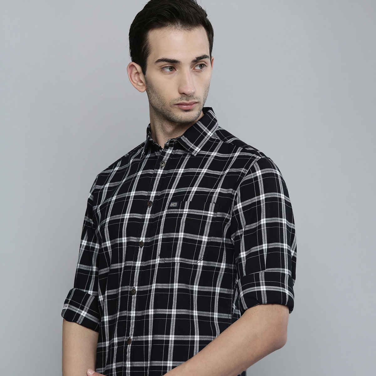 The Indian Garage Co Men's Slim Fit Checkered Casual Shirt | Black - S