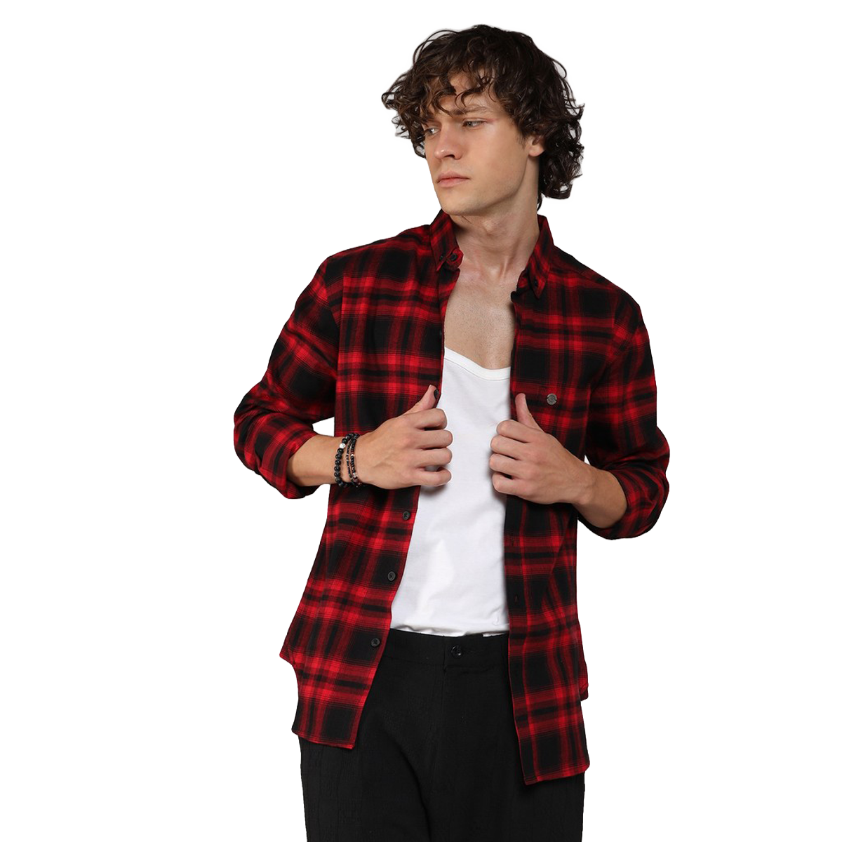 Campus Sutra Men's Brushed Buffalo Check Shirt | Midnight Black & Scarlet Red - XL