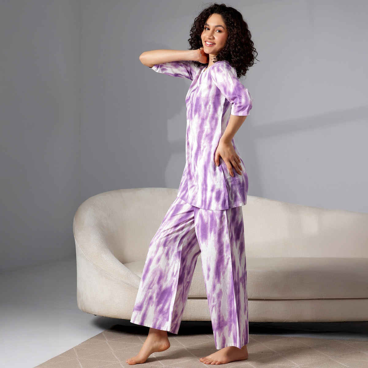 Libas Abstract Printed Women's Kurti With Printed Pyjamas | Purple White | M