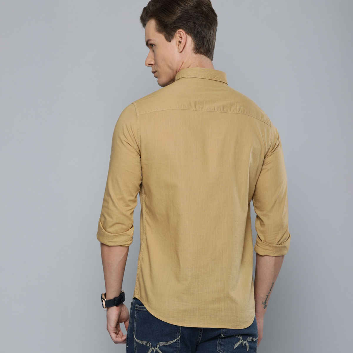 The Indian Garage Co Men's Slim Fit Solid Casual Shirt | Khaki - XL