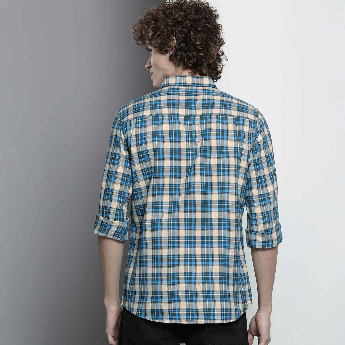 The Indian Garage Co Men's Slim Fit Checkered Casual Shirt | Blue - 2XL