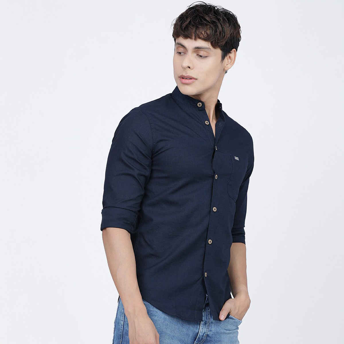 The Indian Garage Co Men's Slim Fit Solid Casual Shirt | Navy Blue - S