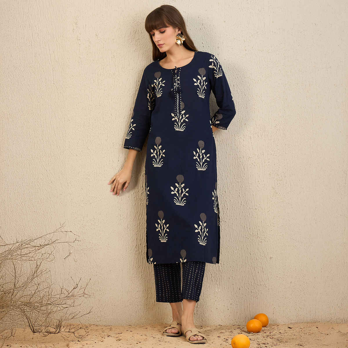 Indo Era Women's Printed Straight Kurta Pant with Dupatta Set | KH0NB6735 | Navy Blue - L