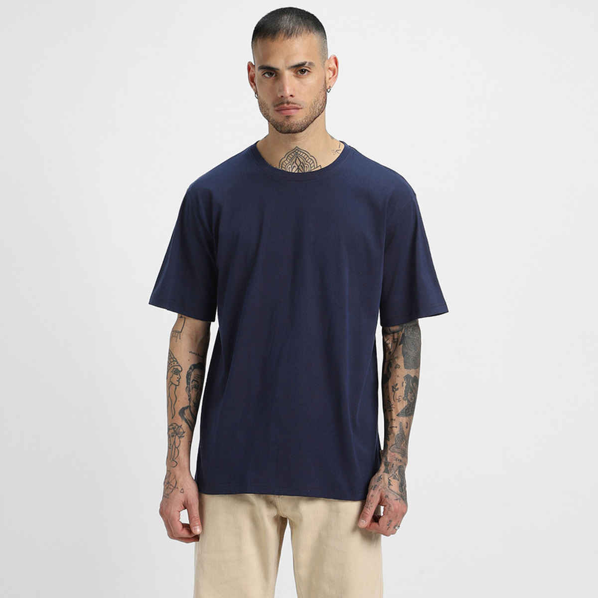 Veirdo Pure Cotton Oversized Fit Round Neck Navy T-Shirt For Men - S