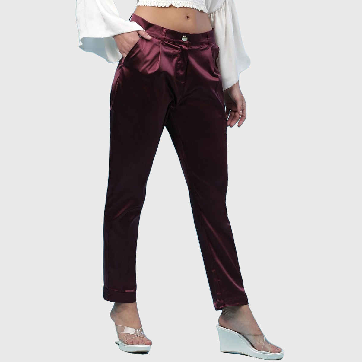 Freehand Women's Casual Tapered Pants - Wine Red | Solid | Regular Fit | 30