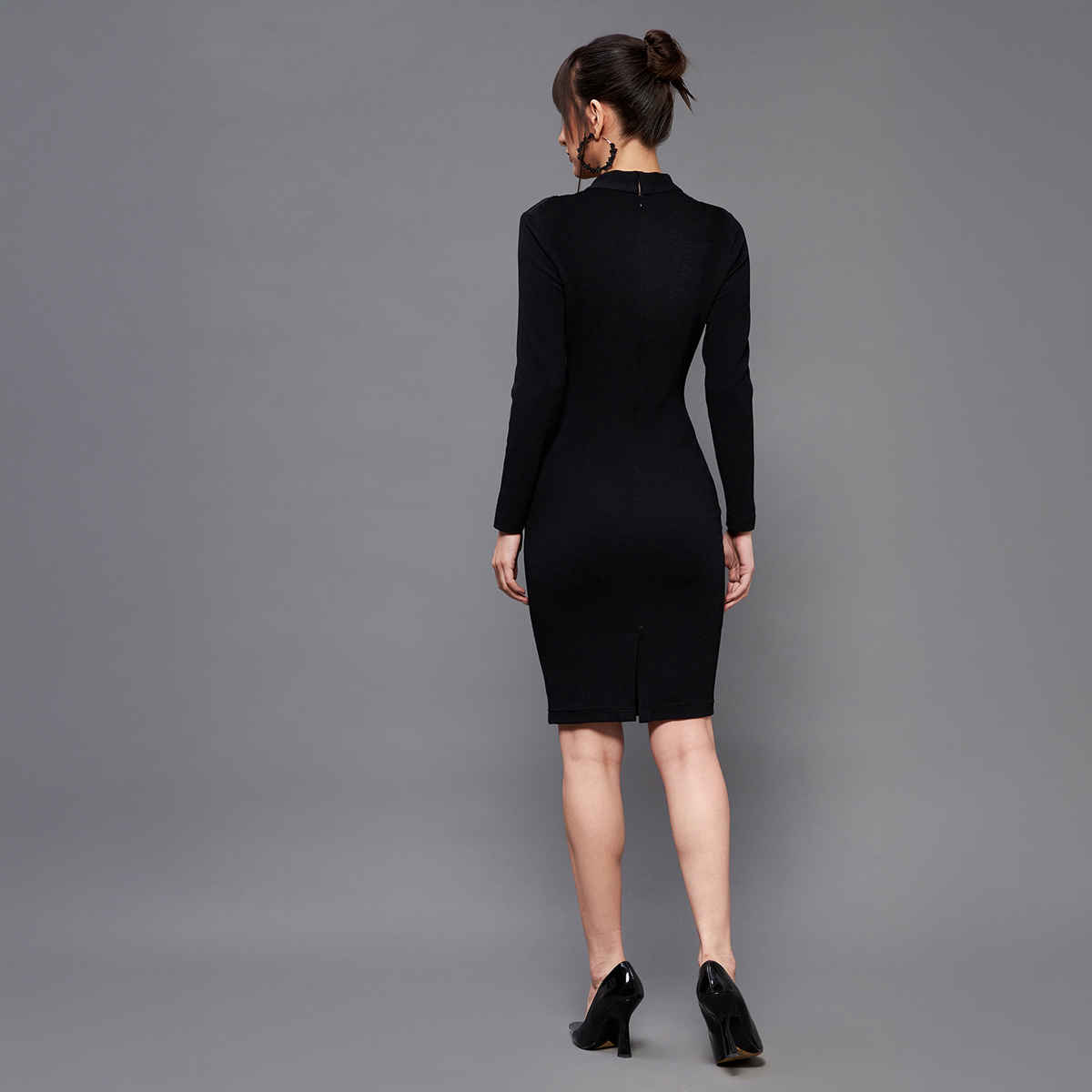 Miss Chase Women Solid Collared Neck Full Sleeve Polyester Bodycon Knee Length Dress | Black | S