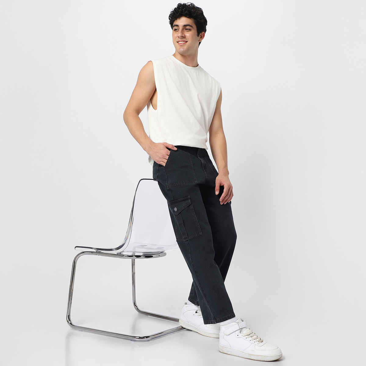 Urbano Fashion Men Dark Grey Loose Baggy Fit Cargo Jeans With 6 Pockets Non-Stretchable-30