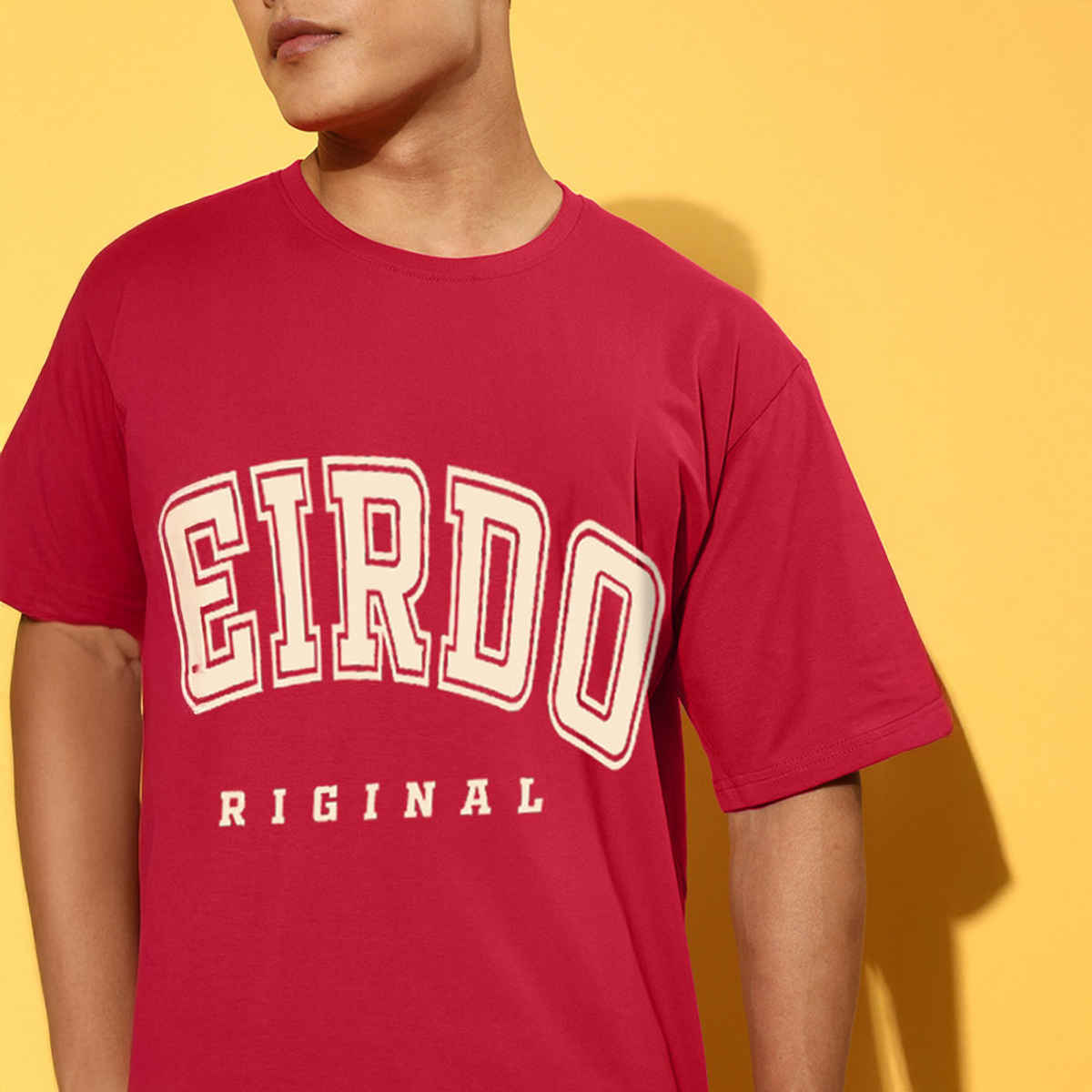 Veirdo Pure Cotton Oversized Fit Round Neck Red Printed T-Shirt For Men - M