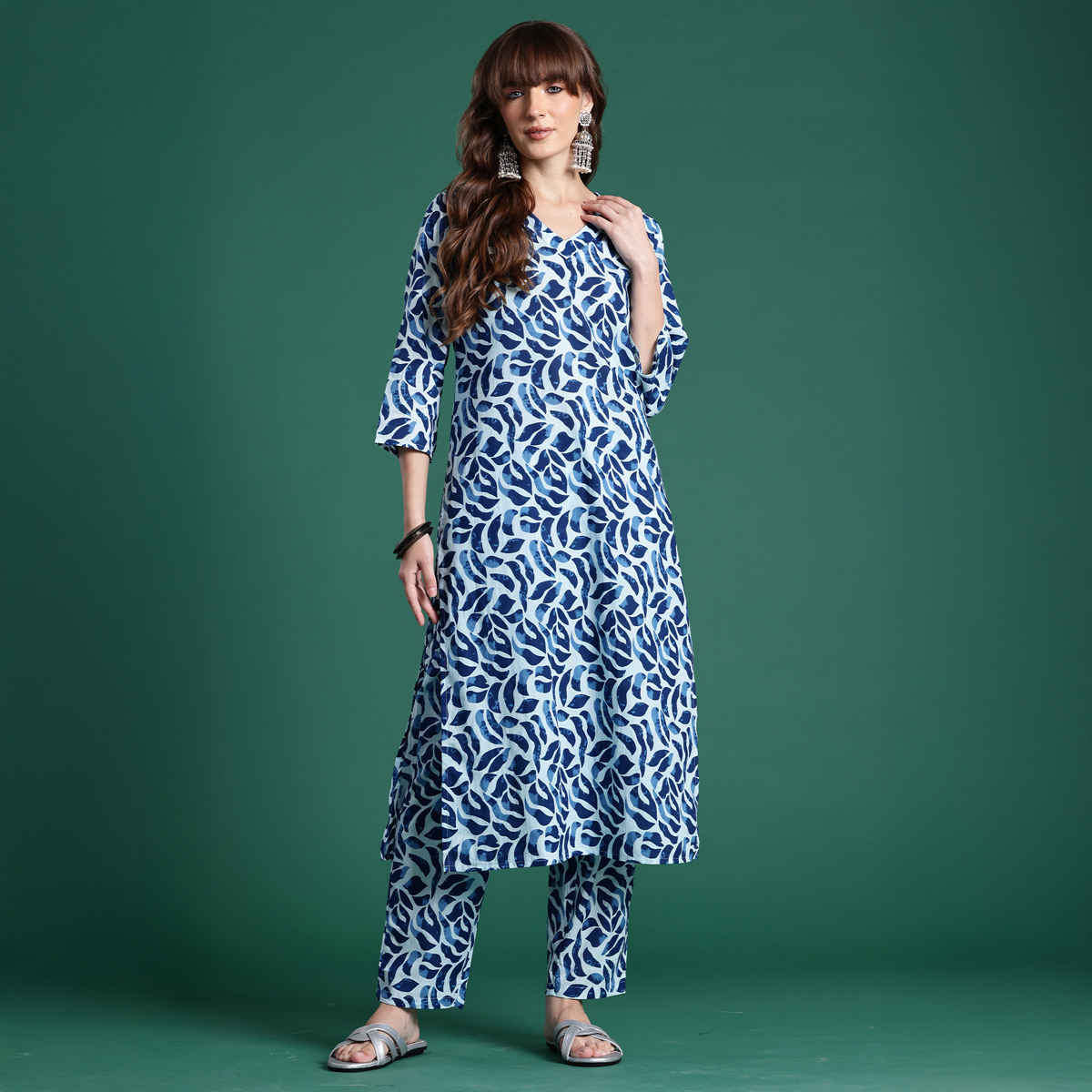 INDO ERA Women's Printed Straight Kurta Trouser Set | Blue - XL