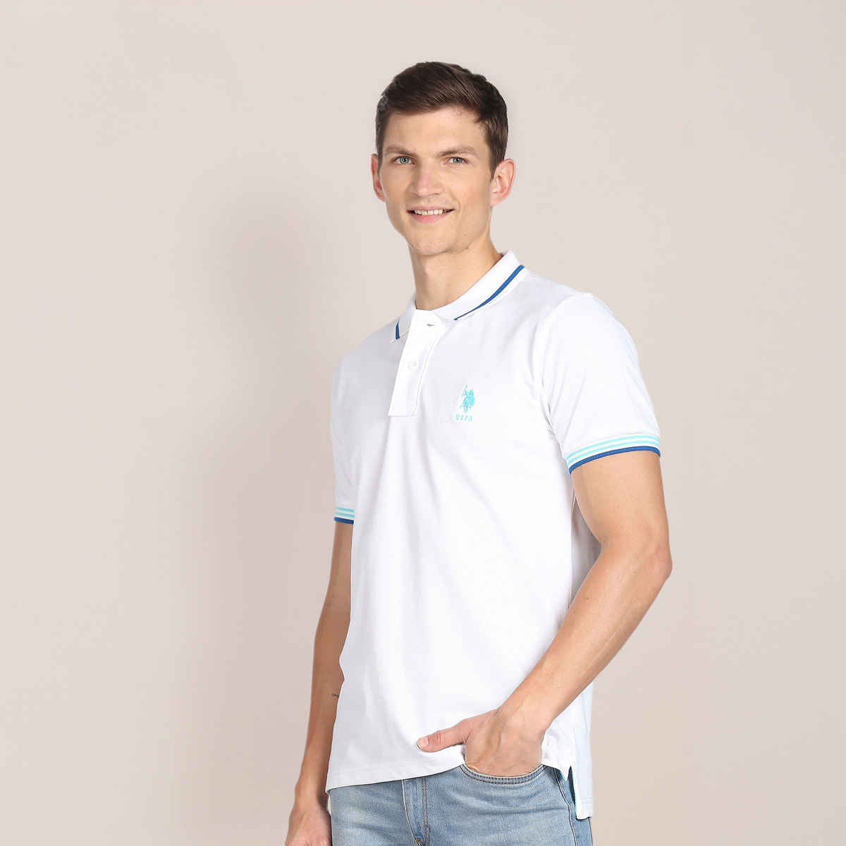 U.S. Polo Assn. Men's Striped Hem Cotton Polo Shirt | White - S