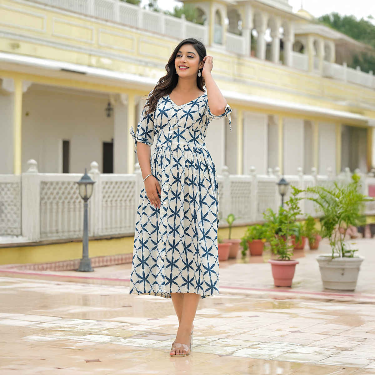 Divena Women's Rayon Flared Dress | DK2240 | Cream - M