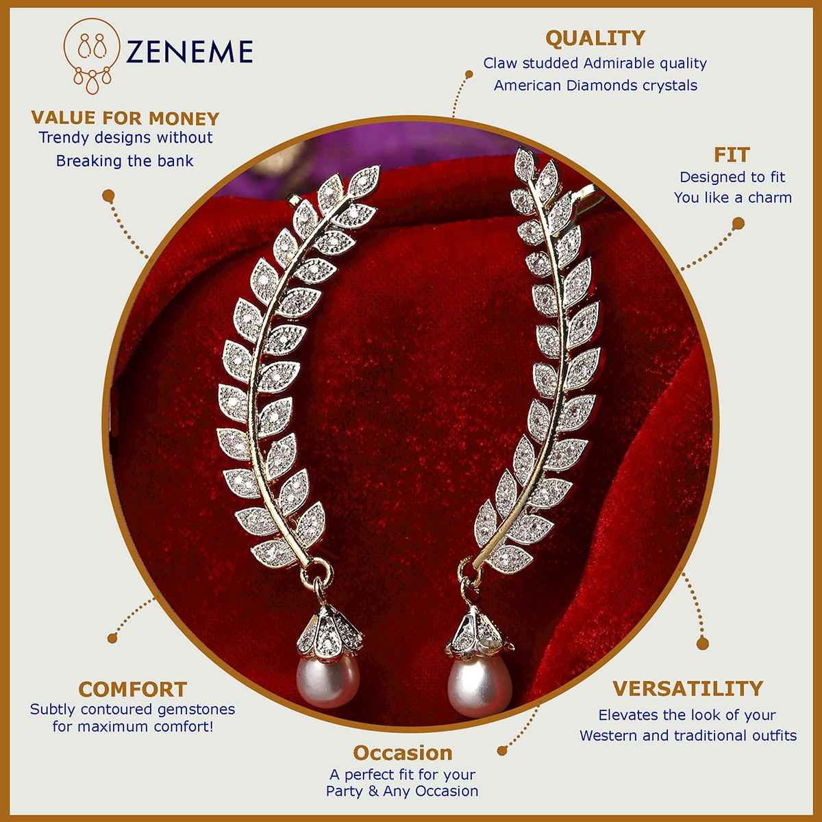 Zeneme Gold Plated American Diamond Leaf Shape Ear Cuff Earring Jewellery For Women & Girls