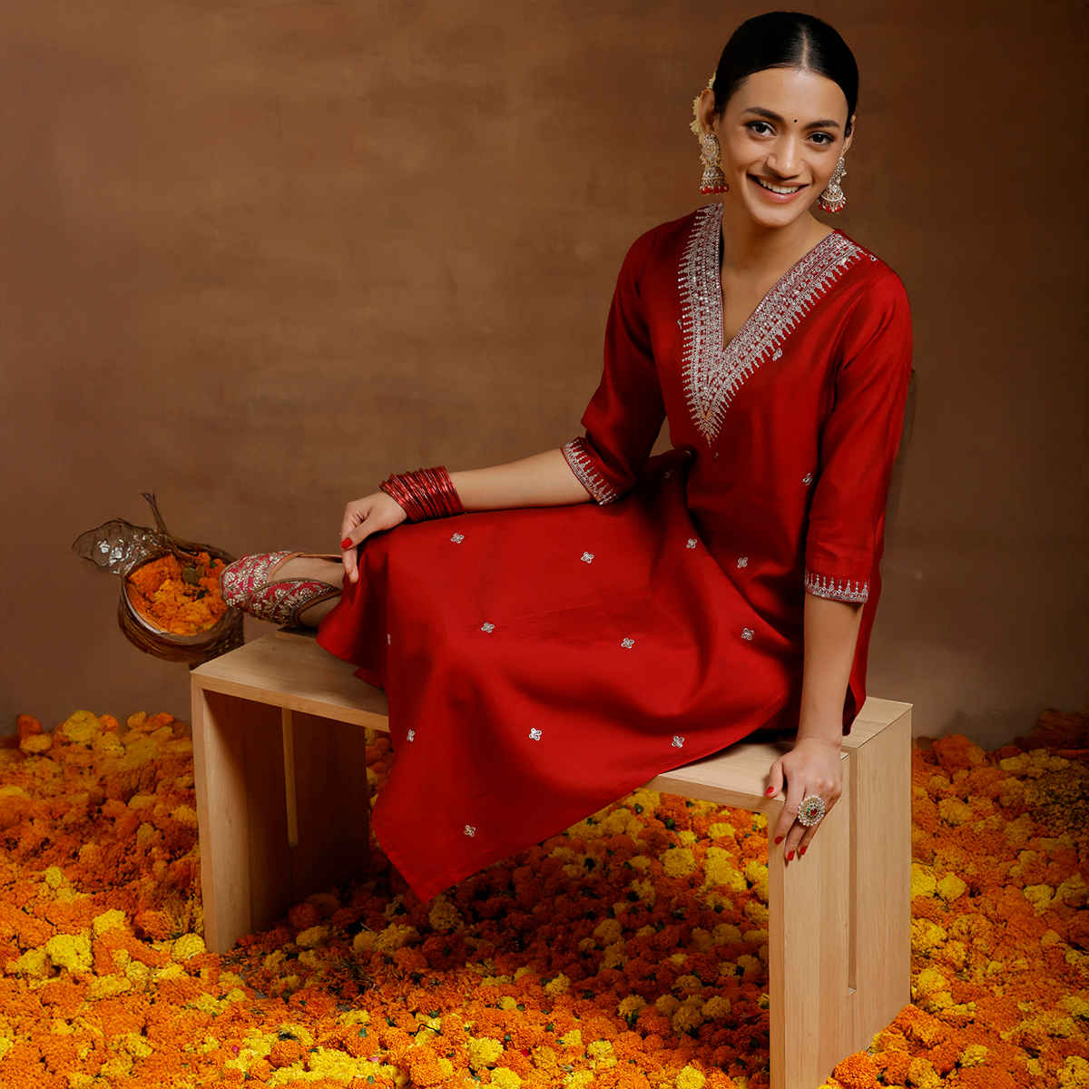 Libas Women's Embroidered Silk Blend Straight Kurta Set | Red - L