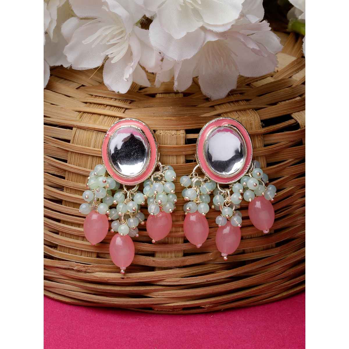 Studio Sukkhi Stylish Gold Plated Pink & White Kundan Meenakari Drop Earrings for Women