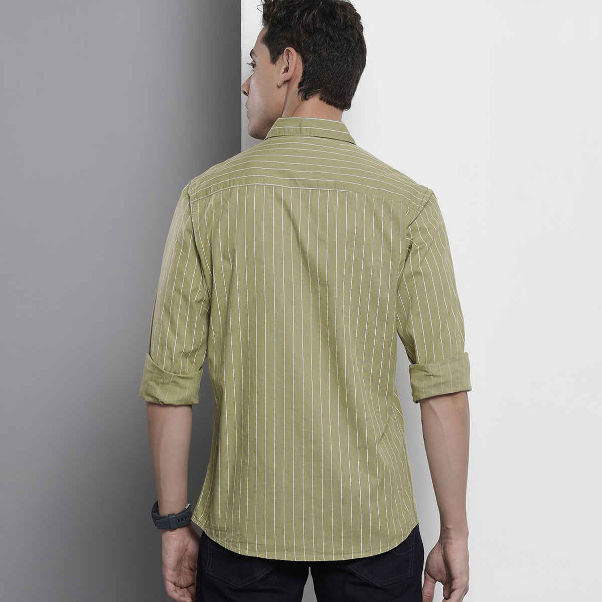 The Indian Garage Co Men's Regular Fit Striped Casual Shirt | Green - L