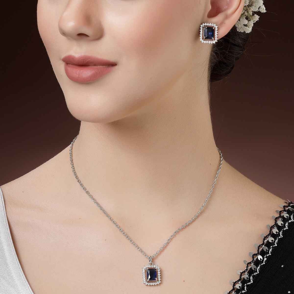 Zeneme Rhodium Plated AD Studded Princess Cut Crytsal Blue Necklace Earrings & Ring For Women