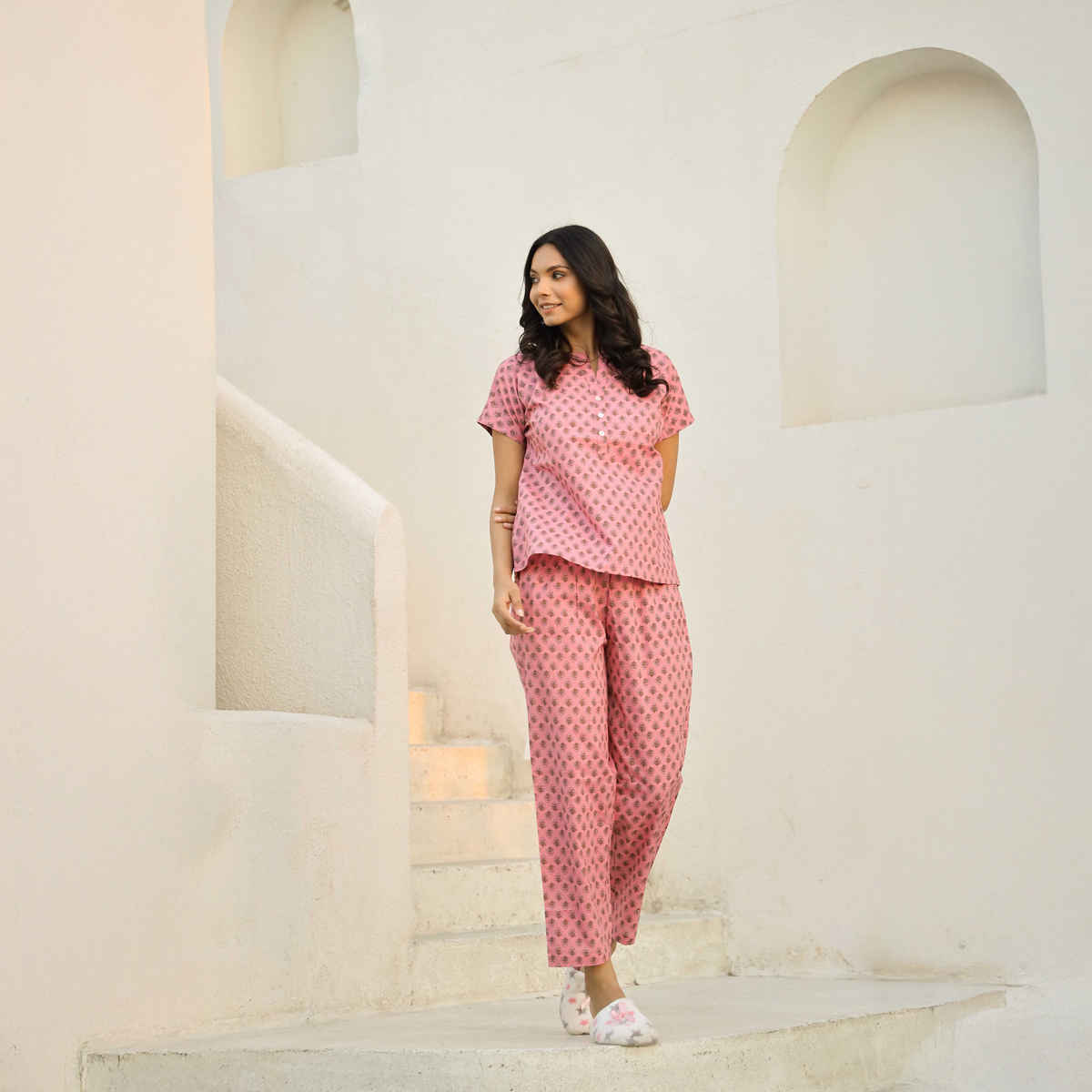 Sanskrutihomes Women Printed Pure Cotton Night Suit | Pink | M