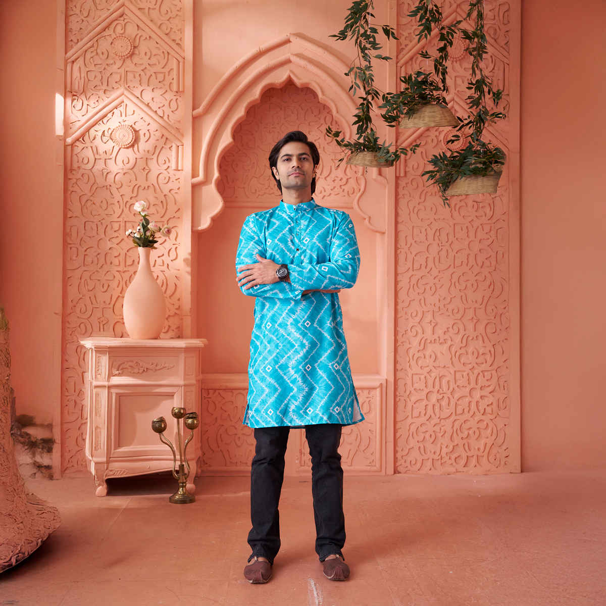 House Of Festivals Men's Printed Cotton Blend Tie & Die Look Long Kurta | Blue - M