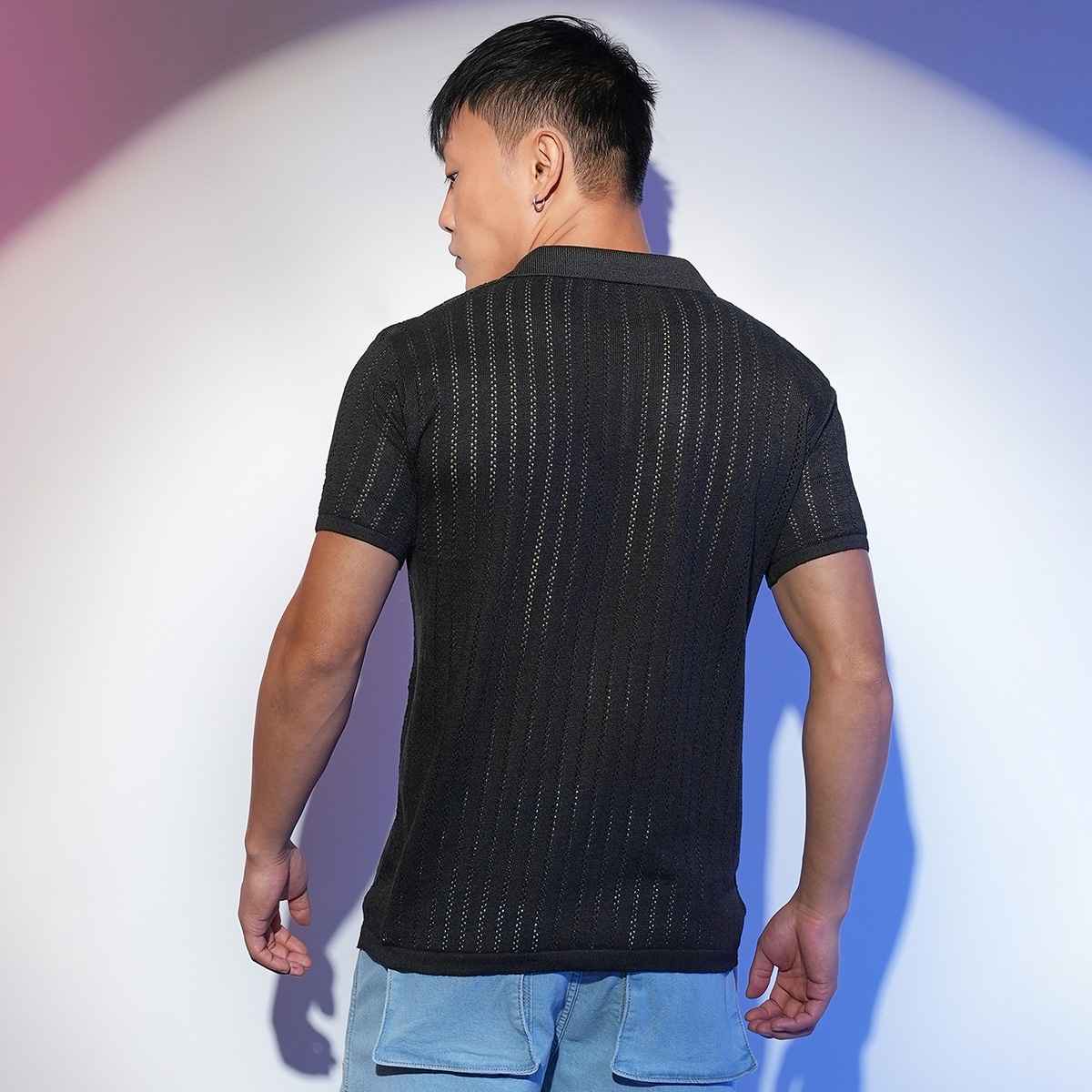 Campus Sutra Men's Stripe-Textured Polo T-shirt | Black - S