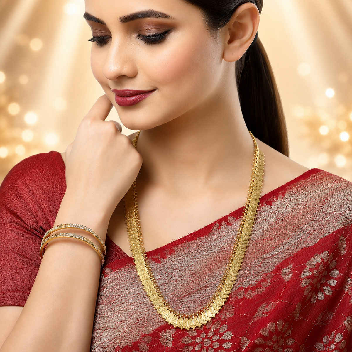 Zeneme Women's Gold-Plated South Indian Red Lakshmi Kasu Coin Temple Necklace