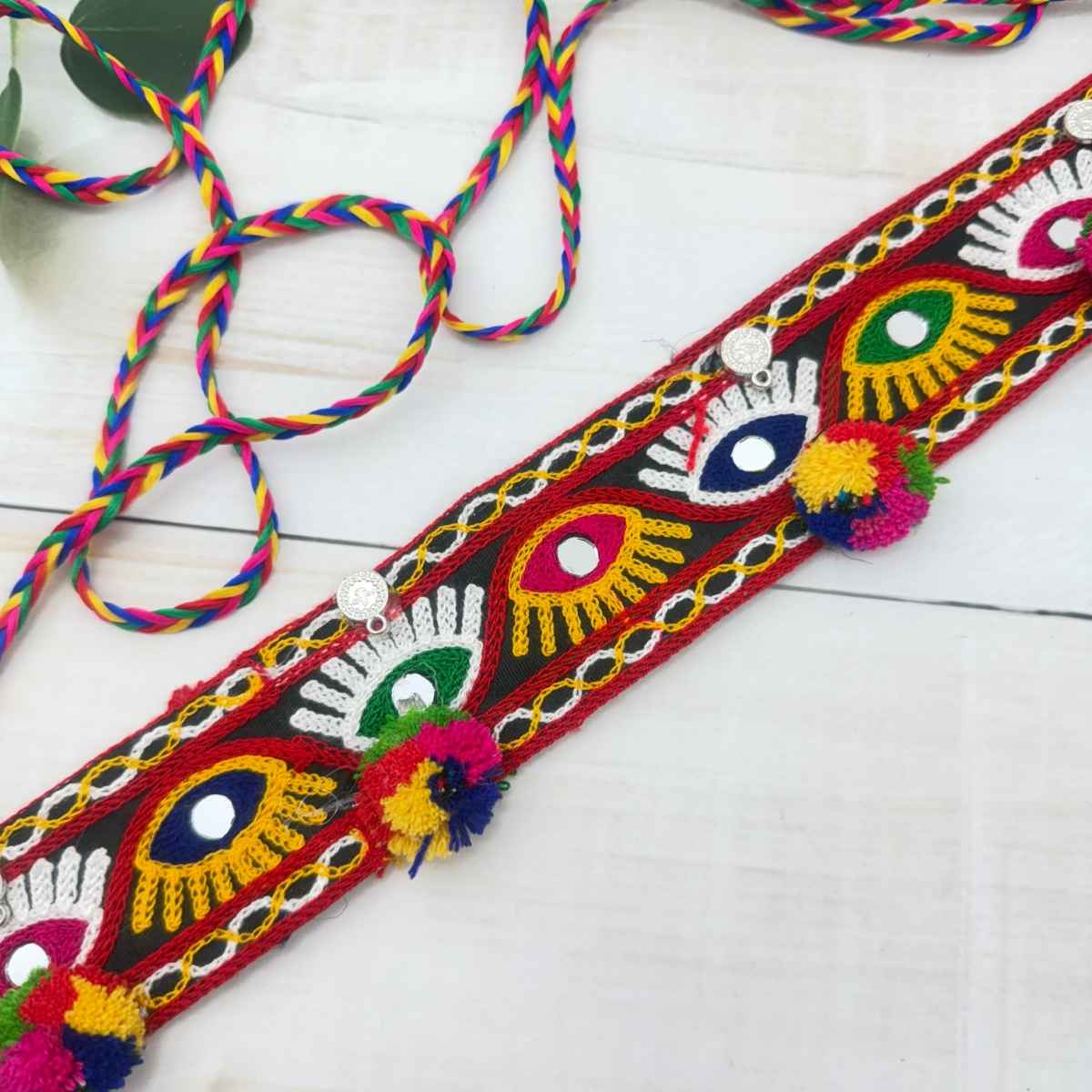The Opal Factory | Fabric Jewelry | Embroidered Pom Pom Kamarbandh | Multicolor