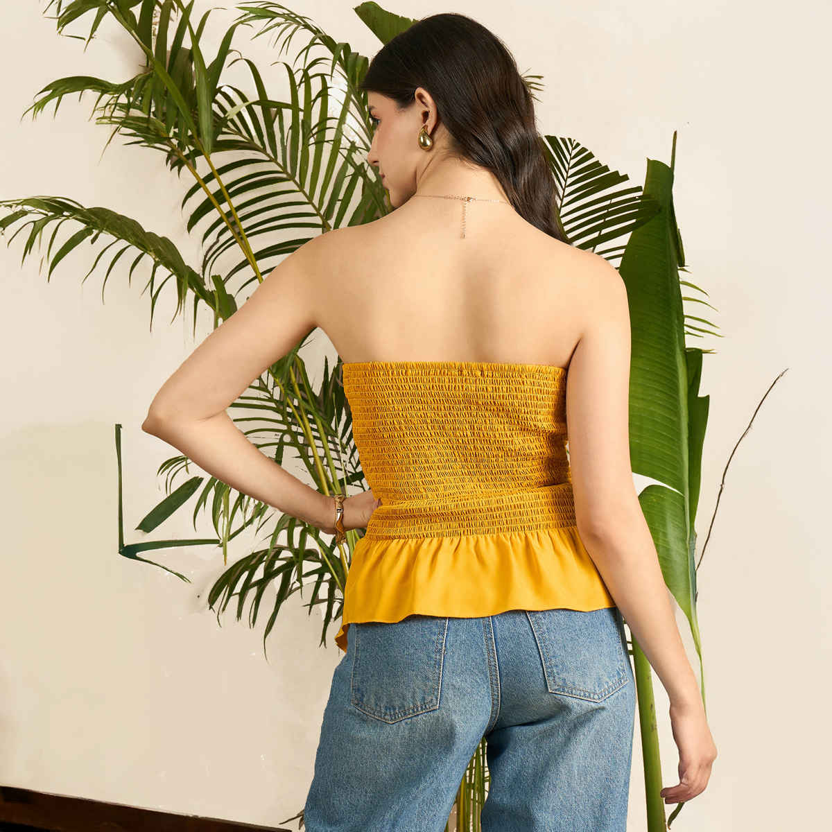 Uptownie Women's Smocked Bandeau Asymmetrical Top | Mustard Yellow - S