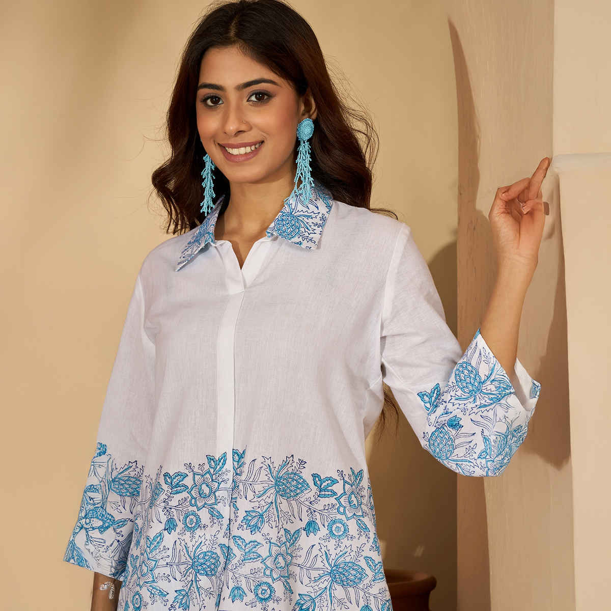 Bandia Women's Handblock Printed Shirt Style Coord Set | White & Indigo - L