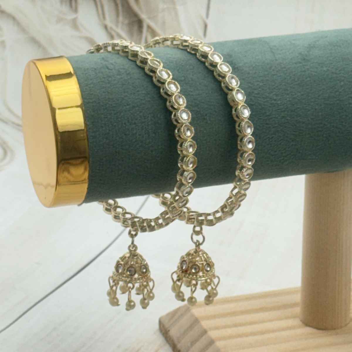 The Opal Factory Metal Bangles with Stone Work and Pearl Jhumki Latkan | Gold - Size 2.8