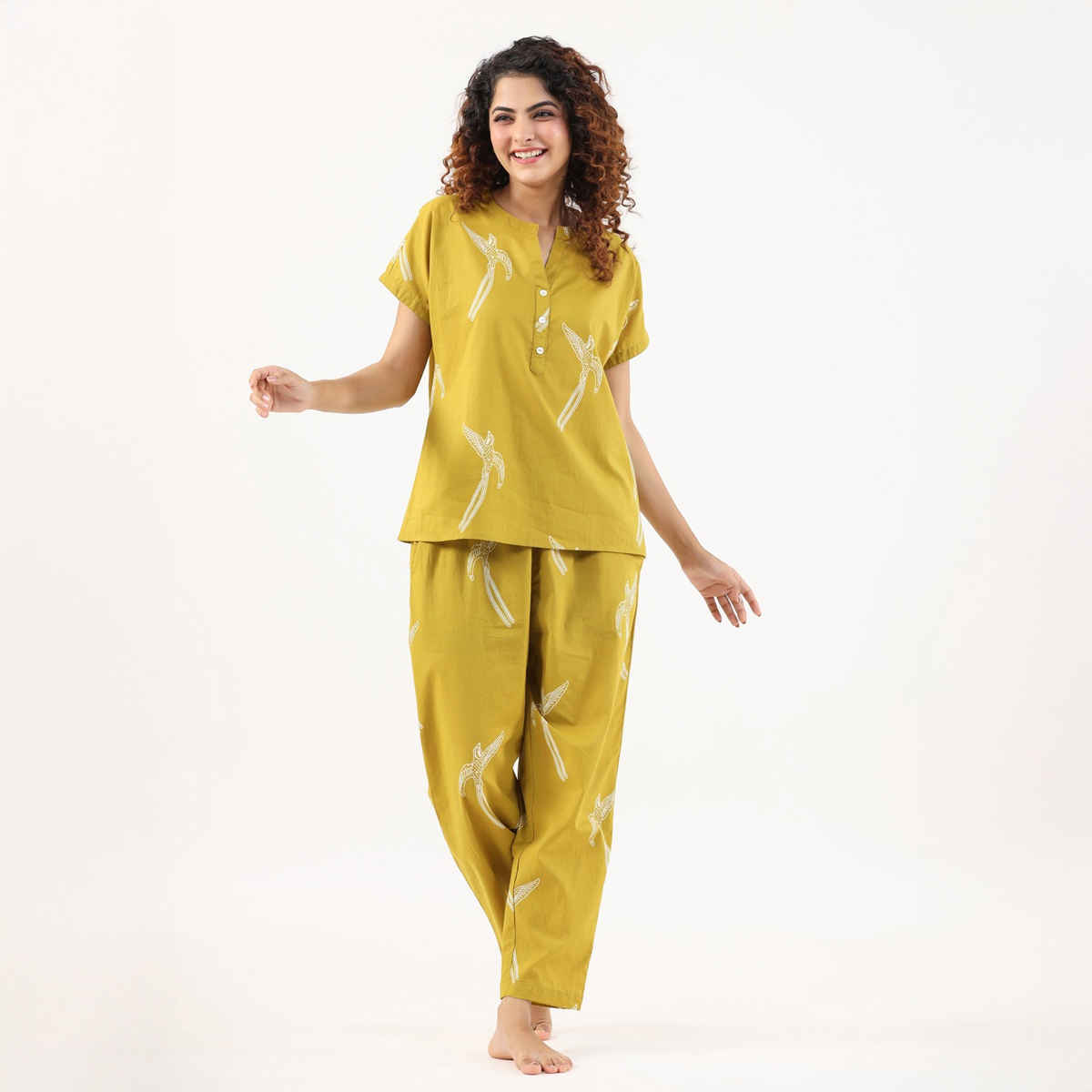Sanskrutihomes Graphic Printed Pure Cotton Night Suit | Yellow - XL