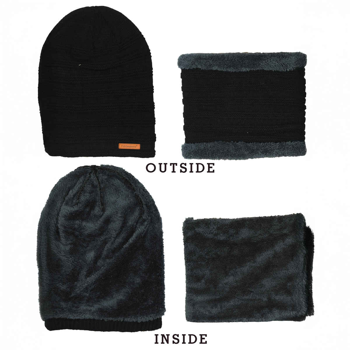 Fabseasons Unisex Solid Acrylic Wool Beanie and Muffler | Black - Free Size
