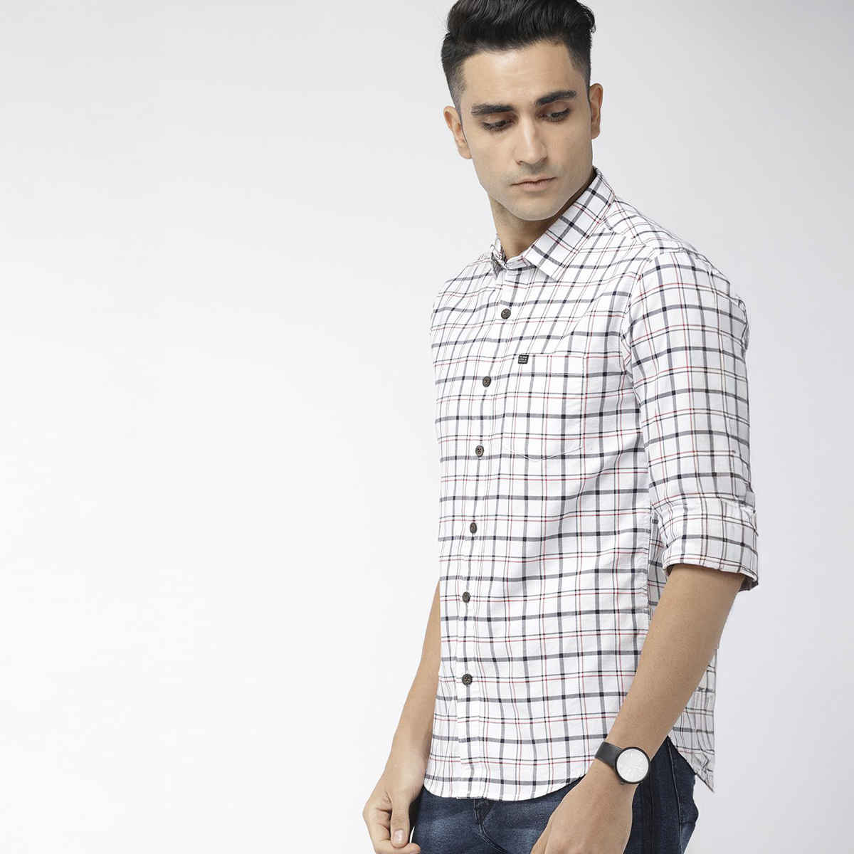 The Indian Garage Co Men's Slim Fit Checkered Casual Shirt | White - L