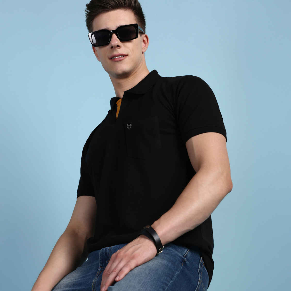 Lux Cozi Men's Solid Cotton Polo T-shirt with Pocket | Black - XXL