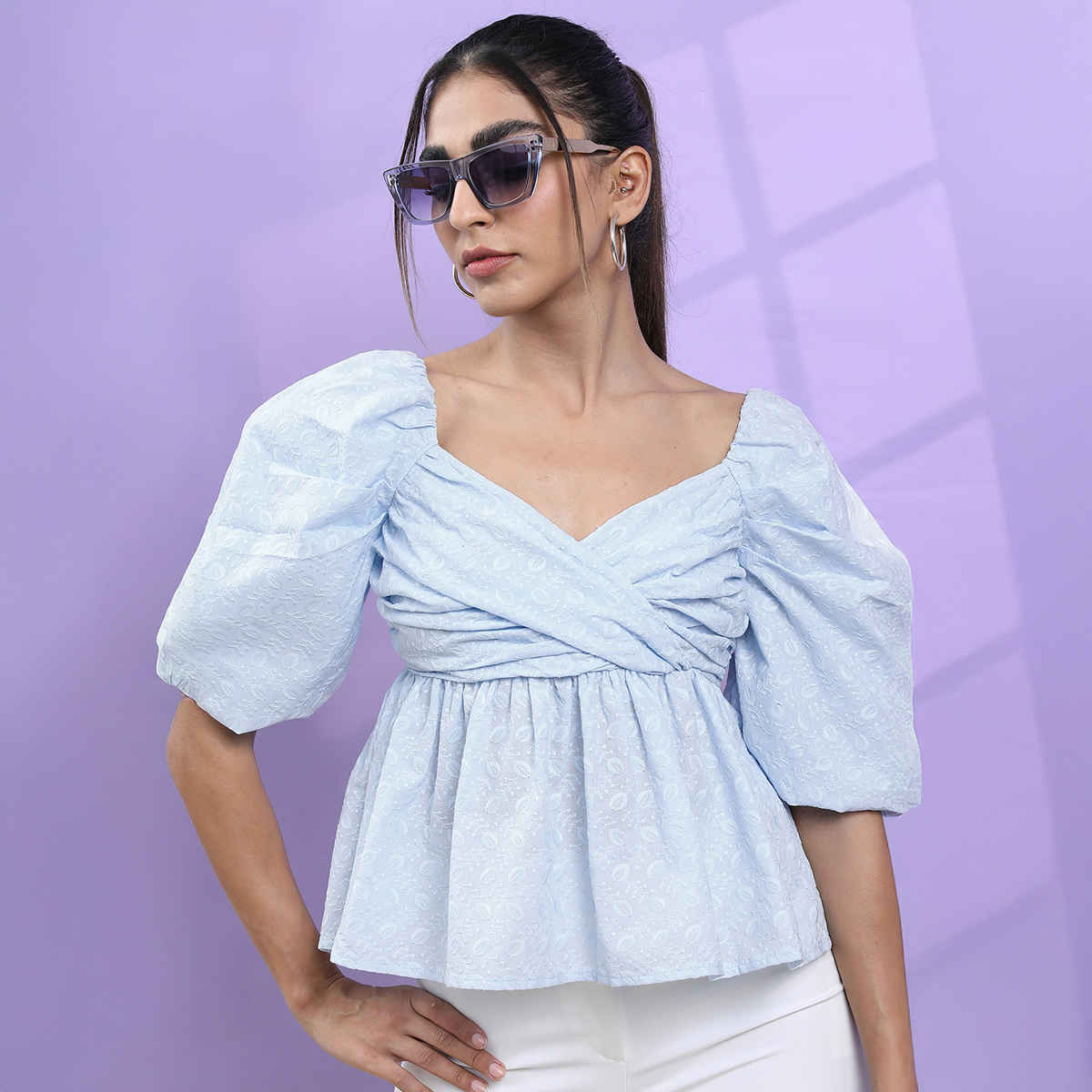 Tokyo Talkies Women's Sweetheart Neck Puff Sleeves Self Design Wrap Top | Blue - S