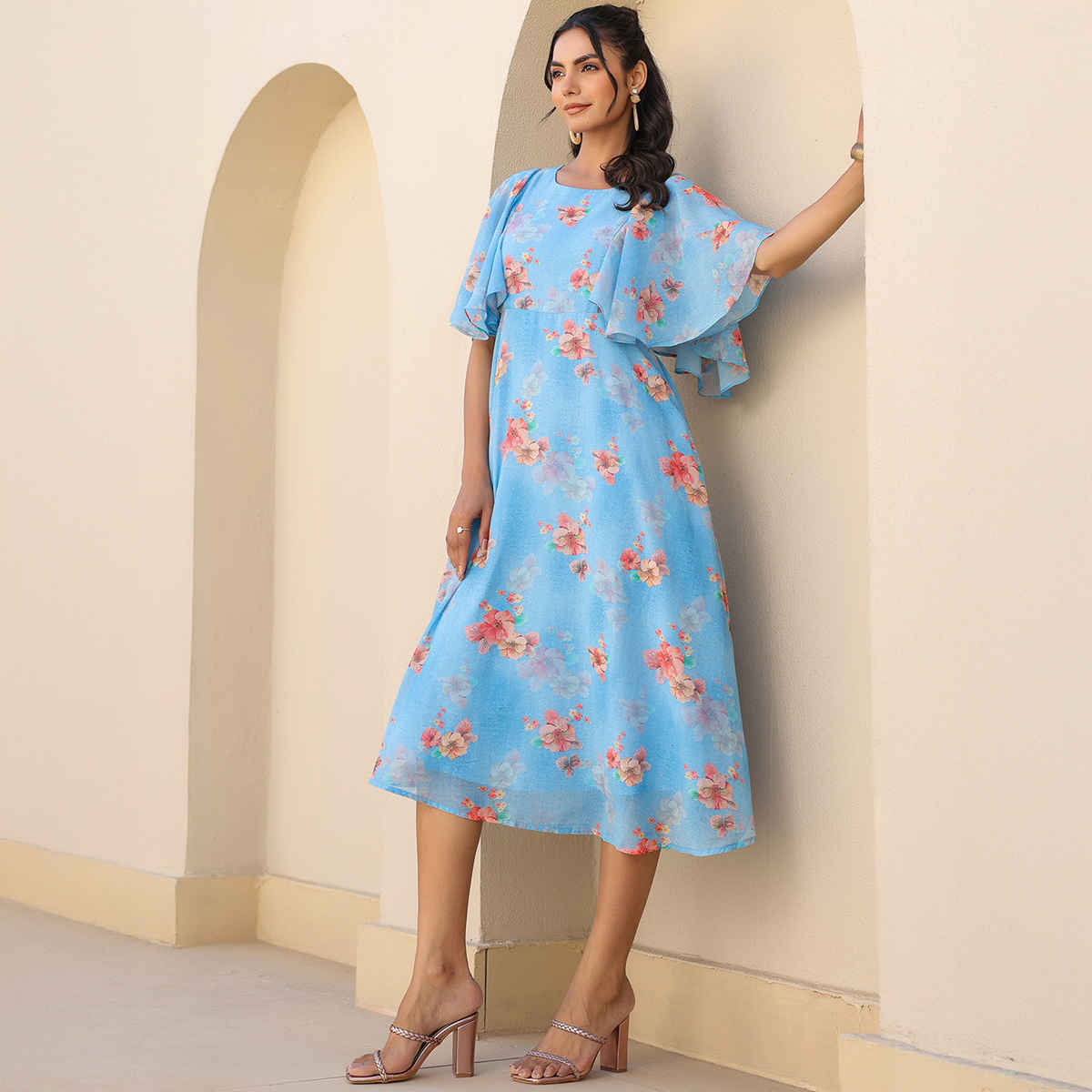 Janasya Women's Georgette Floral Printed A-line Dress | Blue - XL