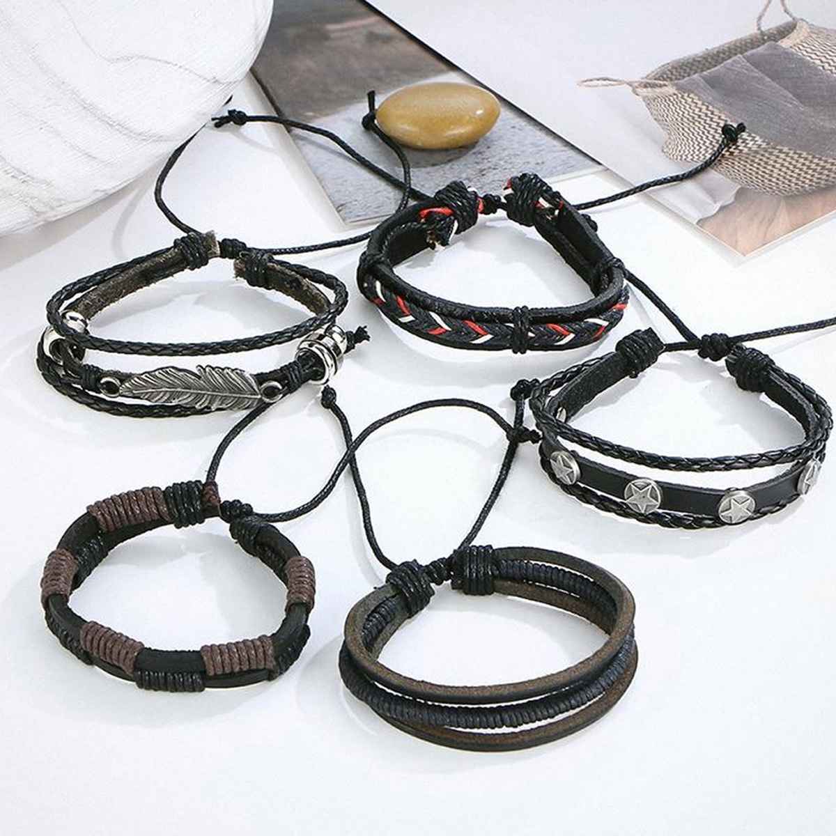 Jewels Galaxy Multi Stranded Bracelet For Men (Black) (1 Pack 5 Bracelets)