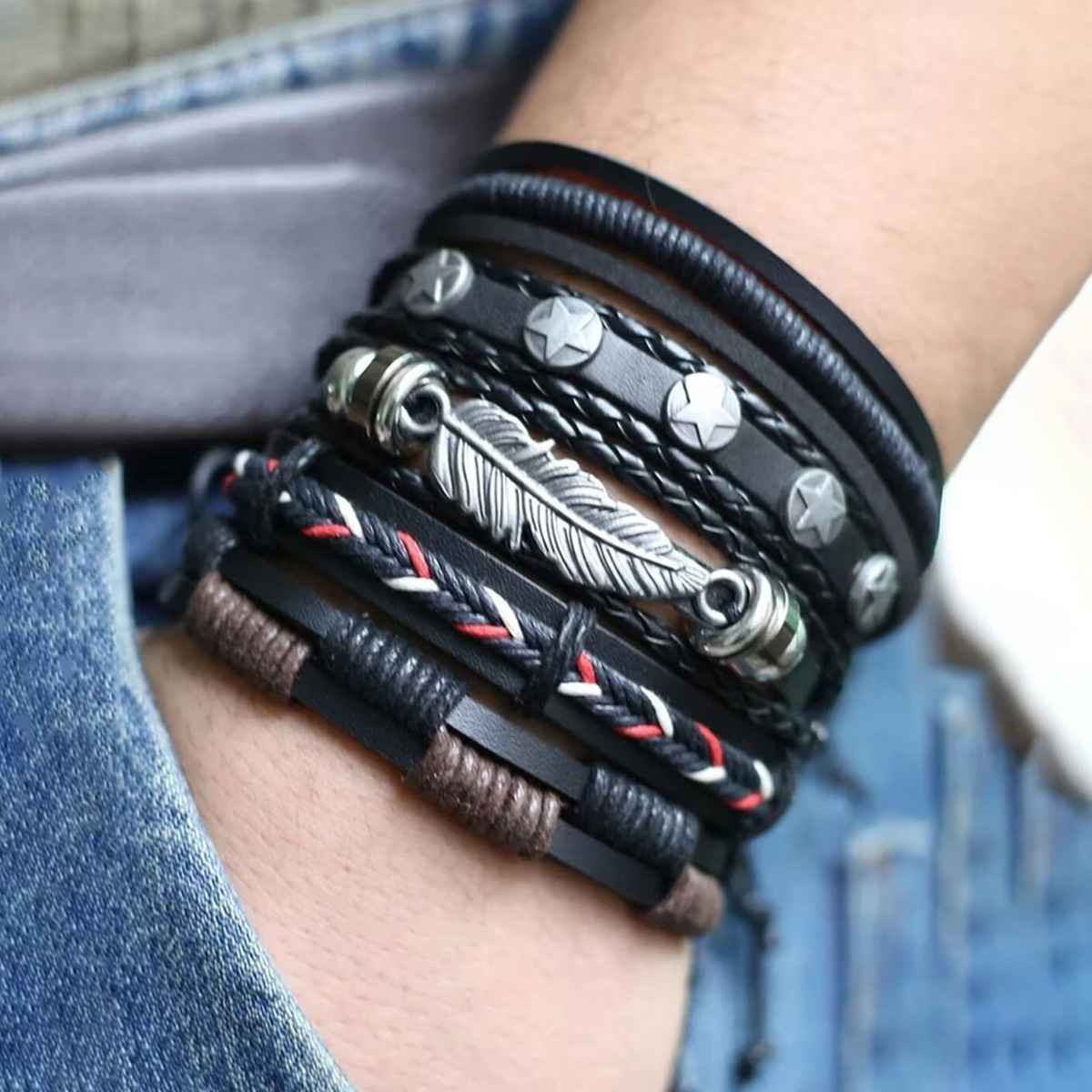 Jewels Galaxy Multi Stranded Bracelet For Men (Black) (1 Pack 5 Bracelets)