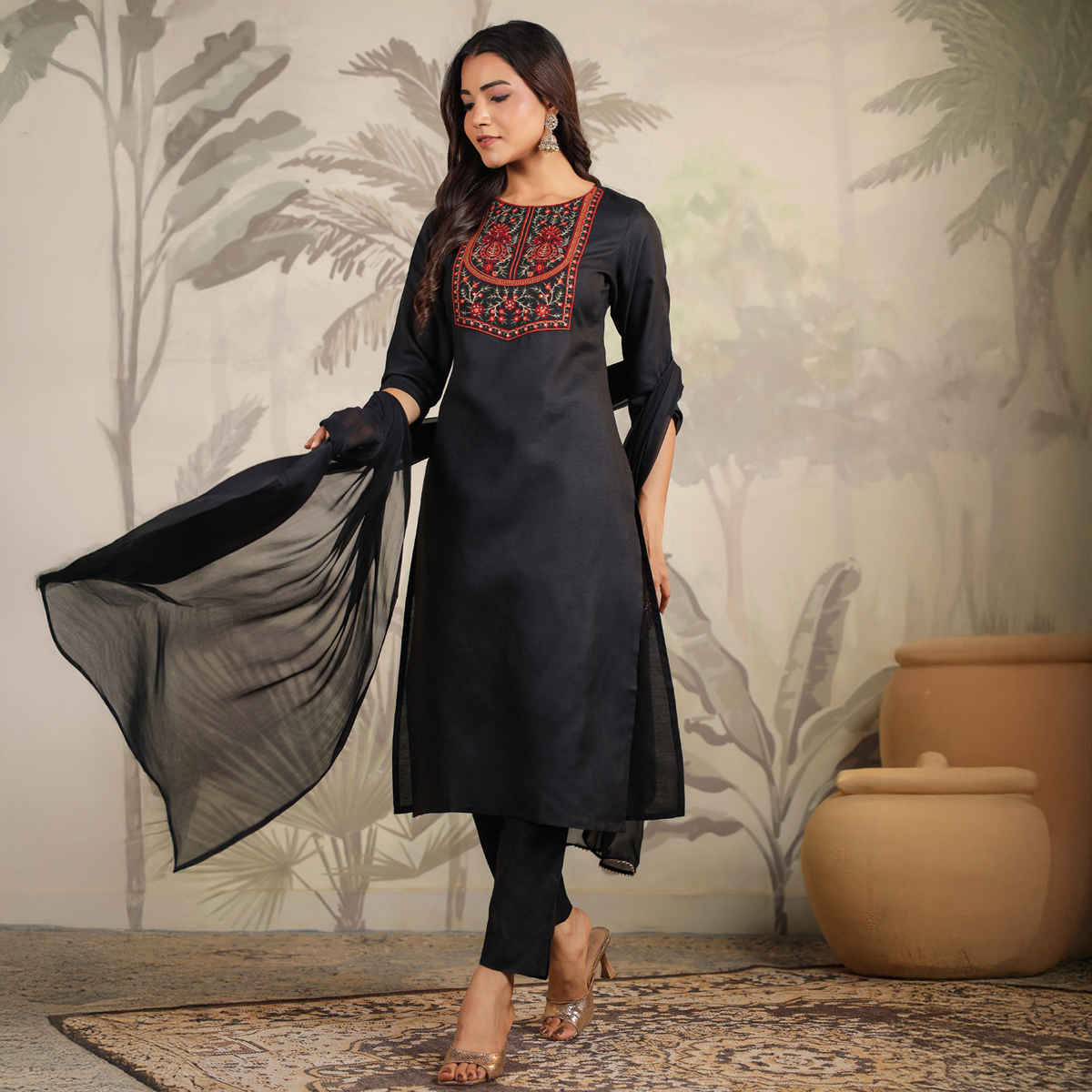 Janasya Women's Cotton Blend Yoke Embroidered Straight Kurta Set | JAC24ST02430 | Black - XL