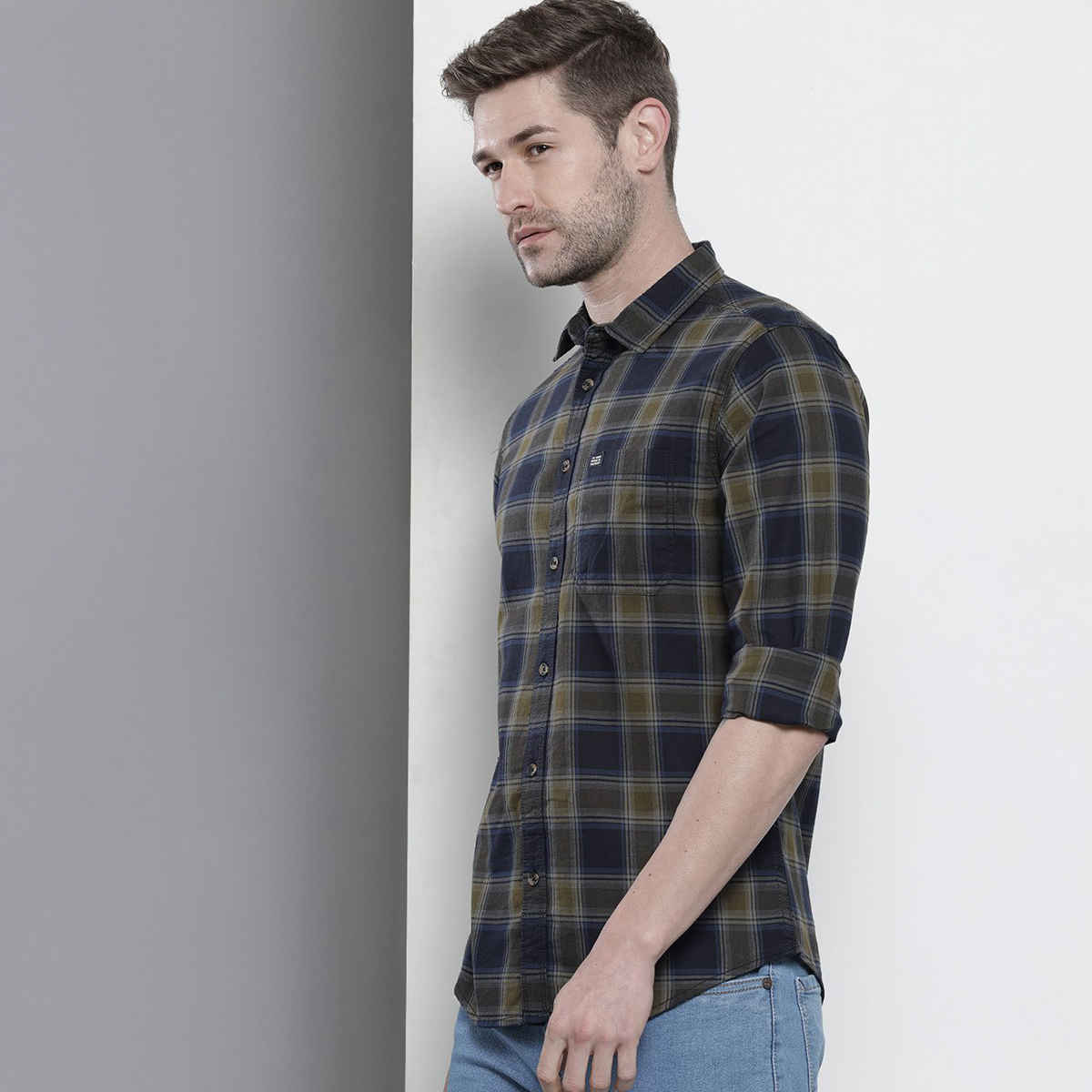 The Indian Garage Co Men's Slim Fit Checkered Casual Shirt | Navy Blue & Green - 2XL