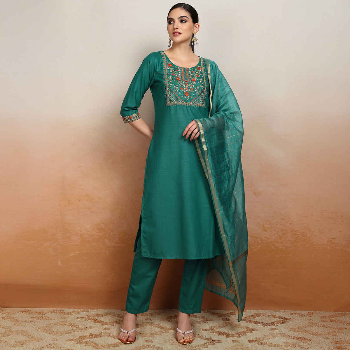 Vishudh Women's Embroidered Straight Kurta With Pants And Dupatta | PVK3000011 | Green - L
