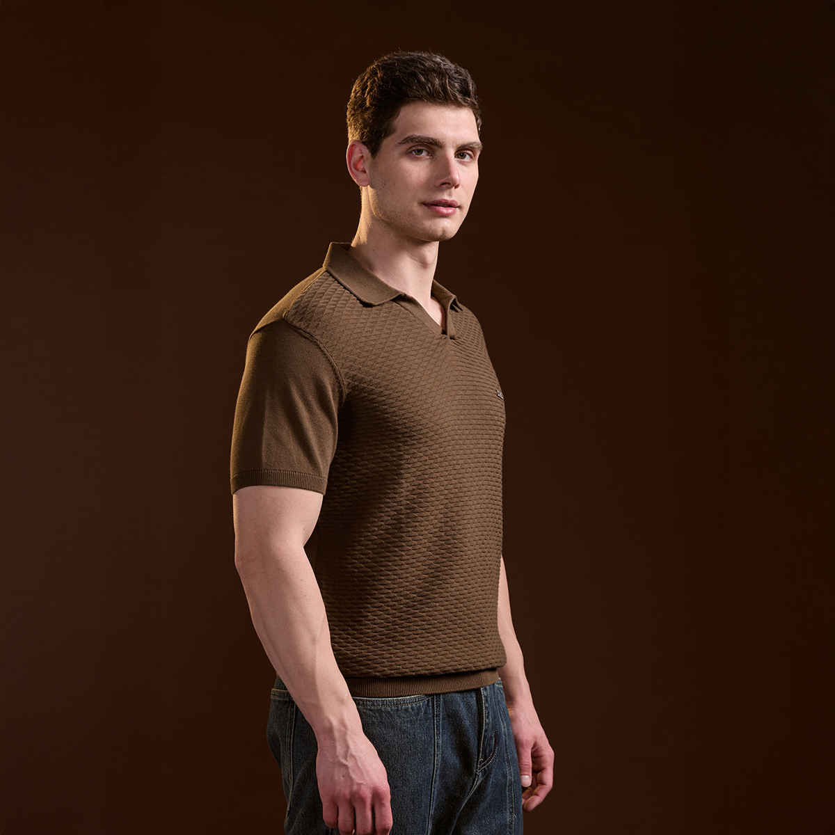 The Bear House Men's Geometric Textured Knit Slim Fit Polo | Brown - S