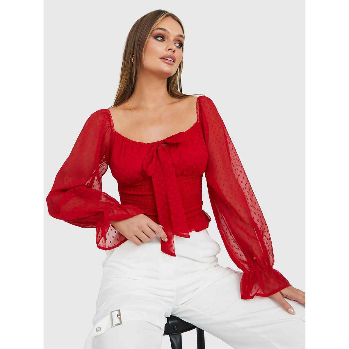 Styli Women's Regular Fit Blouse with Swiss Dot Fabric, Sweetheart Neck and Long Sleeves | Red - XL