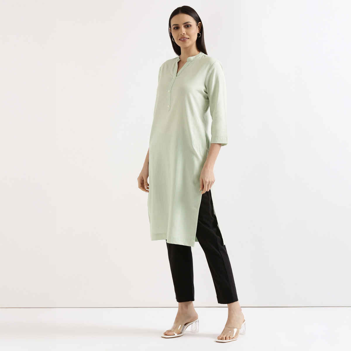 Saadaa Women's Long Airy Linen Kurta | Mint Green - XL