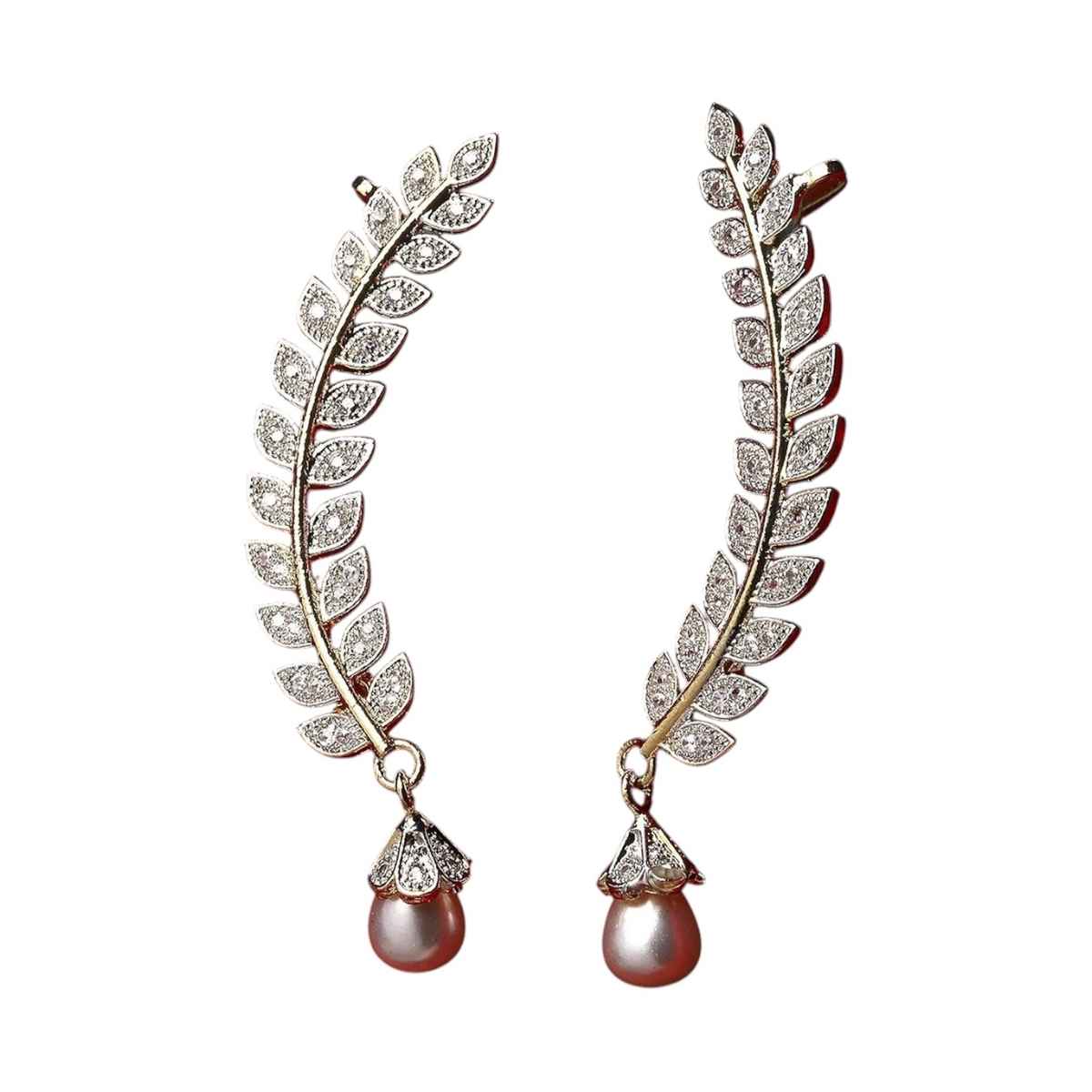 Zeneme Gold Plated American Diamond Leaf Shape Ear Cuff Earring Jewellery For Women & Girls