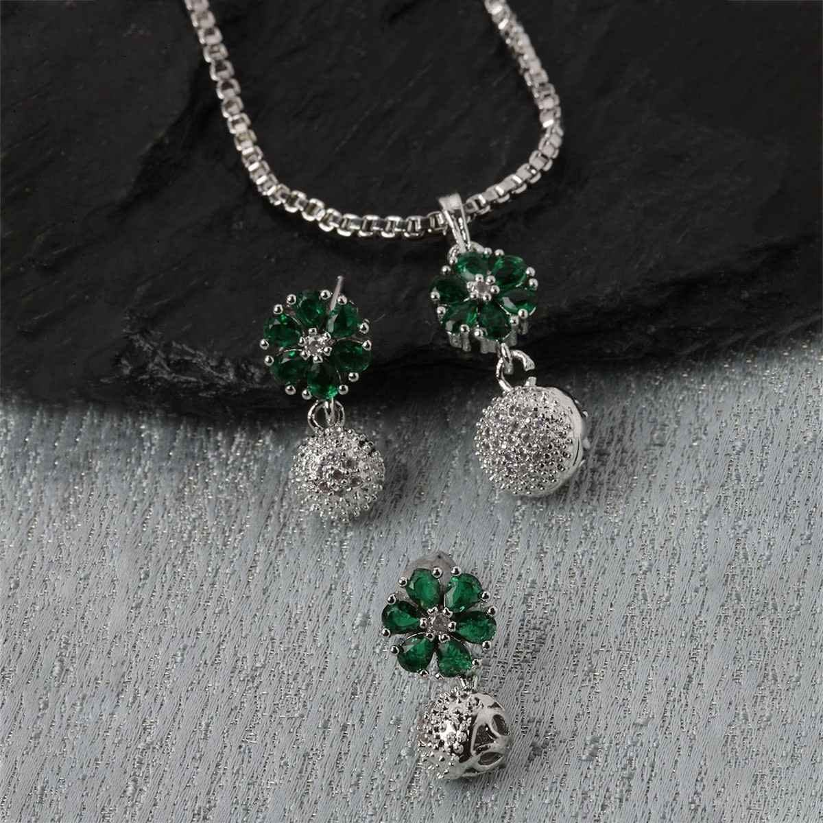 Zeneme Rhodium-Plated Silver Green CZ-AD Floral Cute Pendant Earrings Jewellery Set For Women