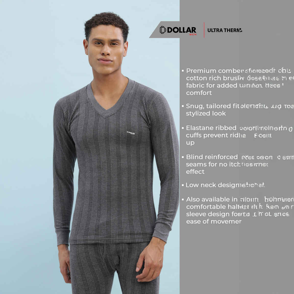 Dollar Ultra Men's Combed Cotton Thermal V-Neck Full Sleeve Top | Charcoal Melange-M