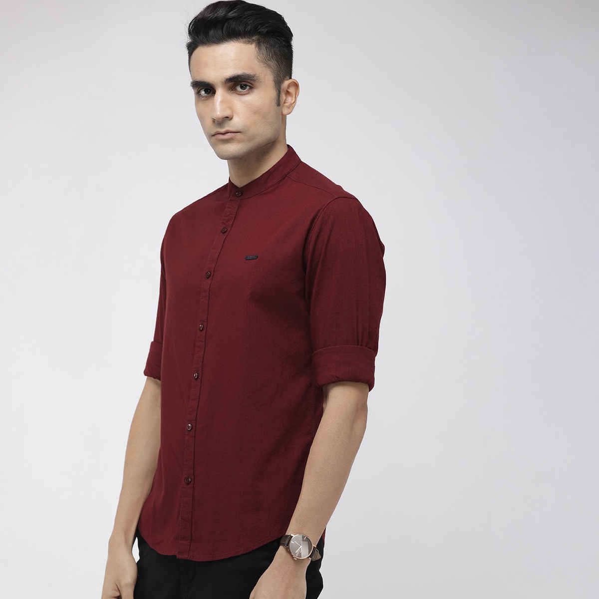 The Indian Garage Co Men's Slim Fit Solid Casual Half Sleeve Shirt | Maroon - 2XL