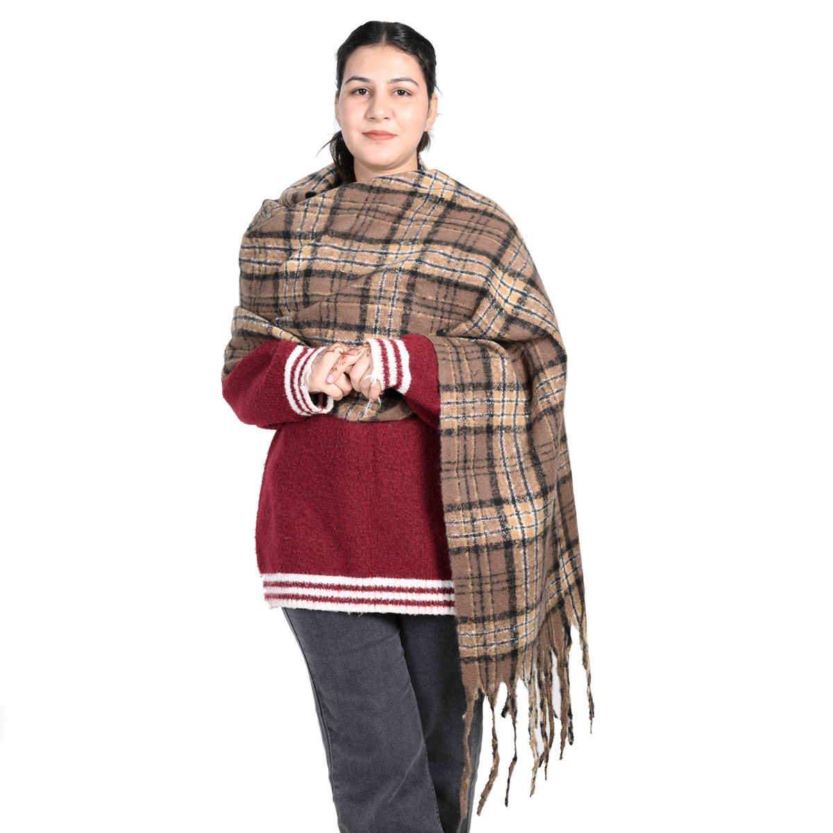 Calvadoss Women's Checked Stole With Fringed Border | STL1530 | Brown and Beige
