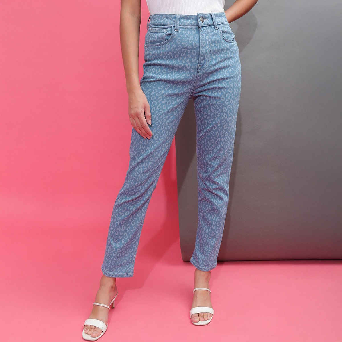 Freehand Women's Laser Leopard Pattern Straight Fit Denim Jeans | Blue - 30