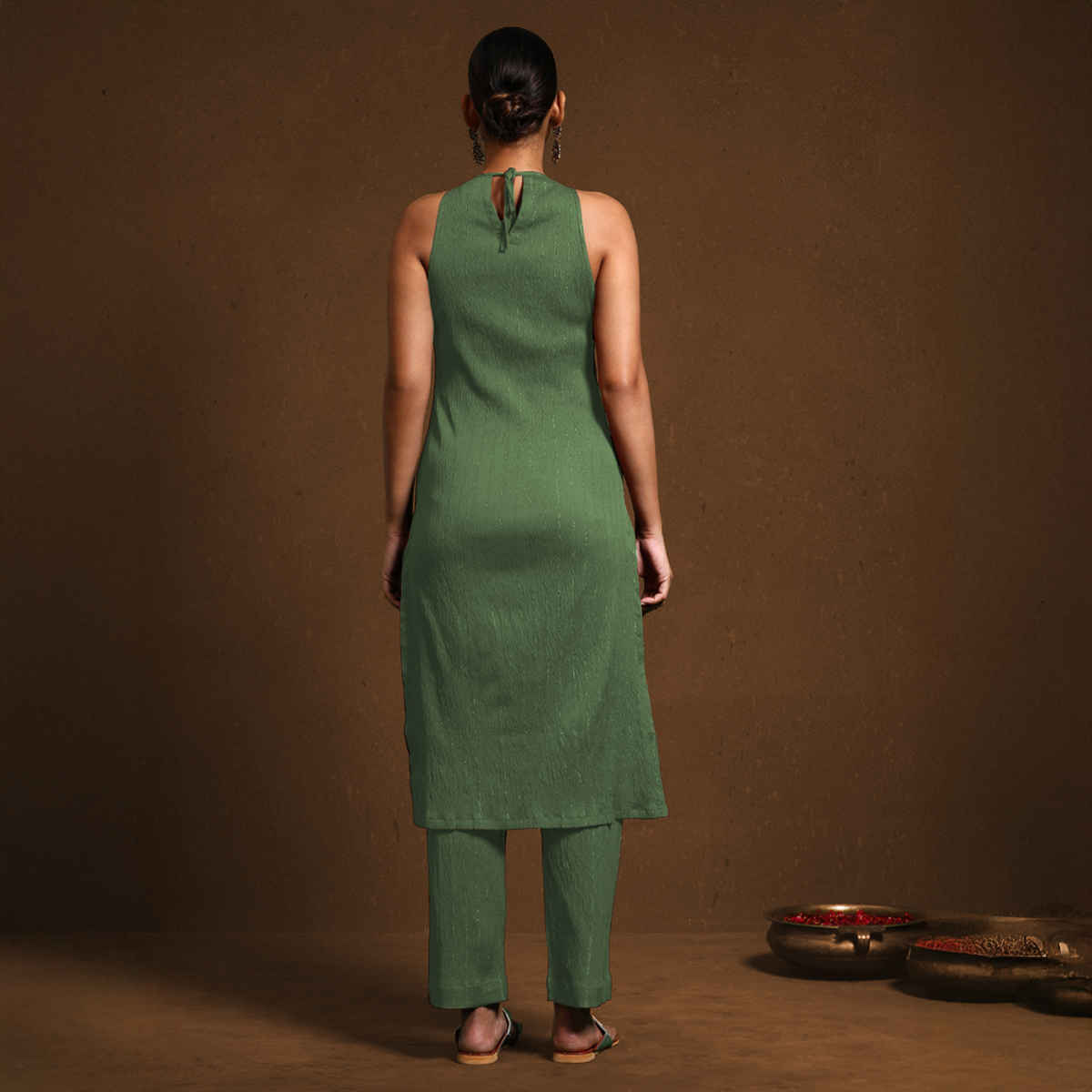 Varanga Women's Solid Halter Neck Kurta Set | Green - XL