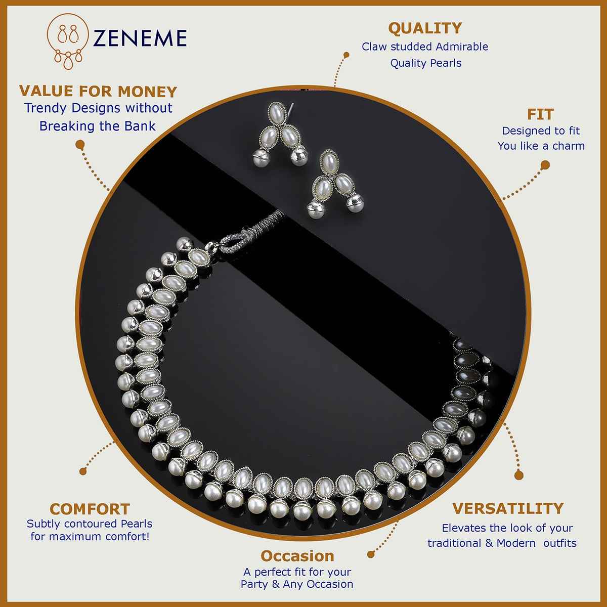 Zeneme Oxidised Silver Traditional White CZ Necklace With Earrings Jewellery For Women & Girls